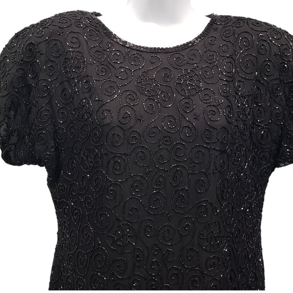 VTG Sténay‎ Silk Beaded Dress Black Short Cocktail Formal Dark Feminine Size M